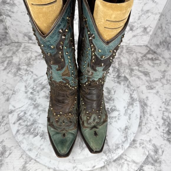Stetson Thunderbird Studded Eagle Boot Size 7.5 Western Brown Turquoise Leather - Picture 6 of 11